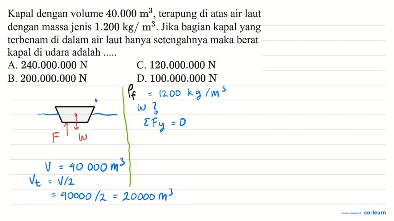 Kapal dengan volume 40.000 m^(3) , terapung di atas air