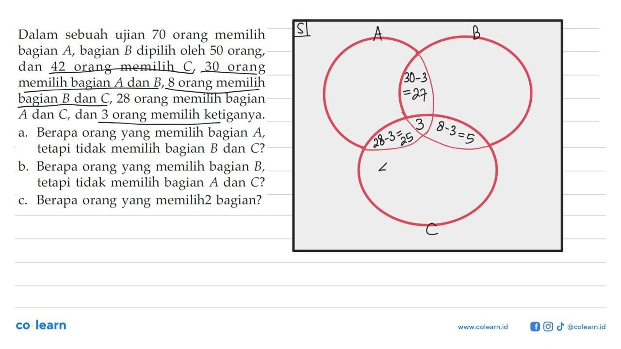 Dalam sebuah ujian 70 orang memilih bagian A, bagian B