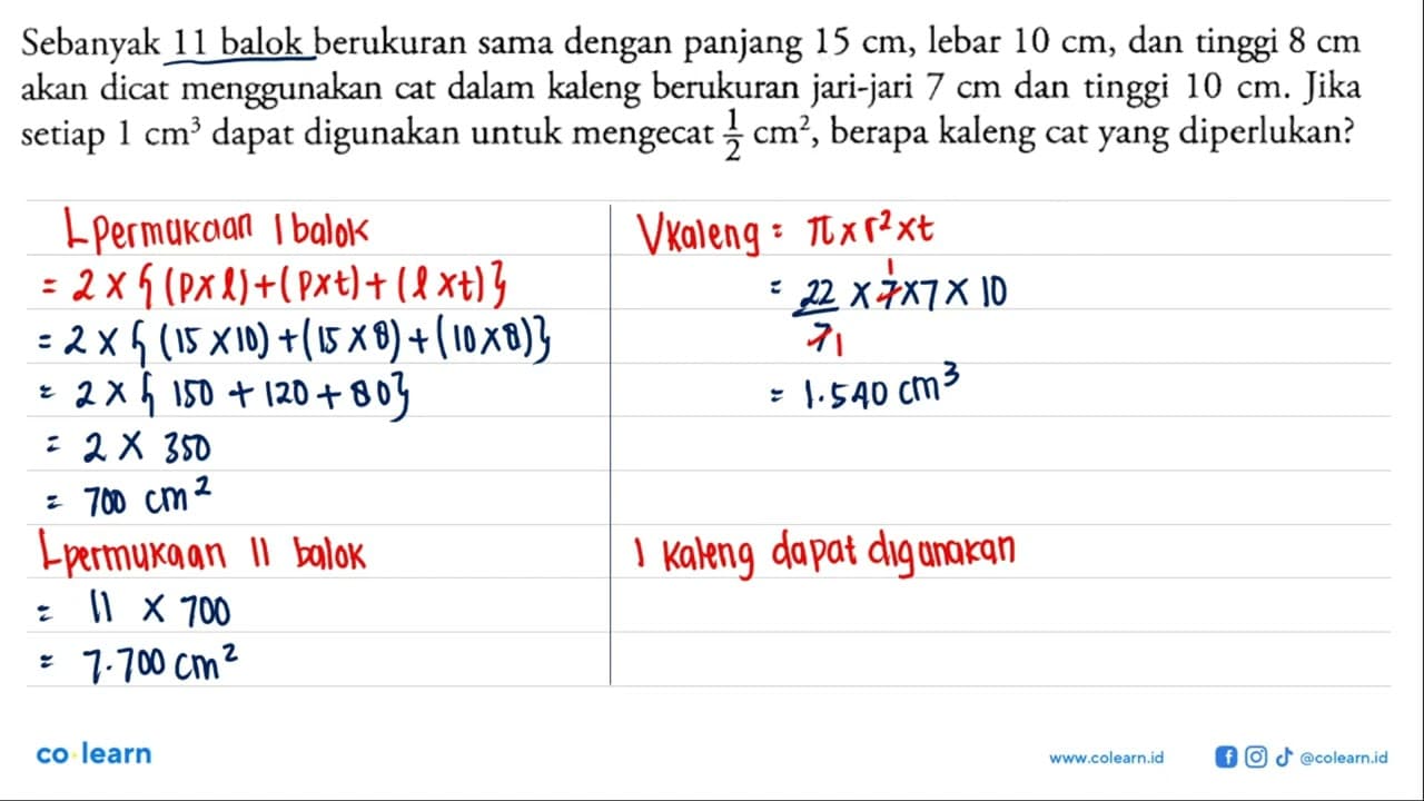 Sebanyak 11 balok berukuran sama dengan panjang 15 cm,