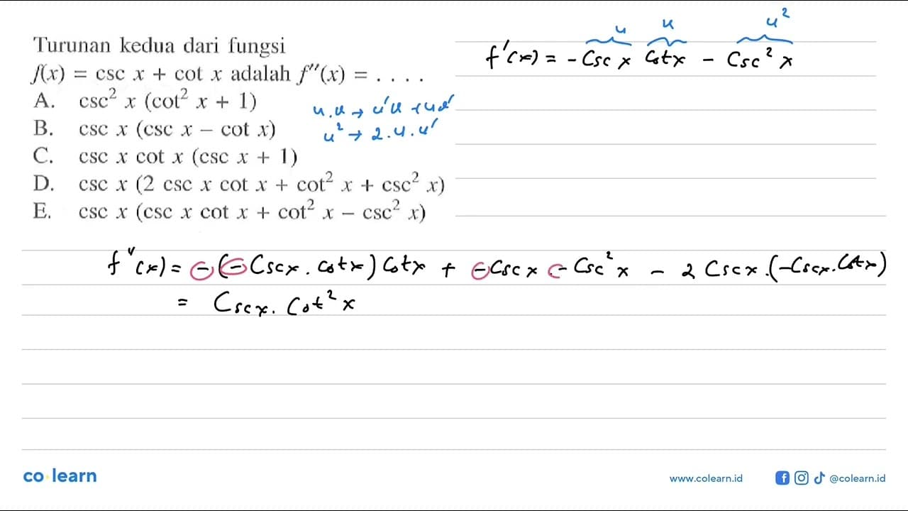 Turunan kedua dari fungsi f(x) = csc x + cot x= X adalah