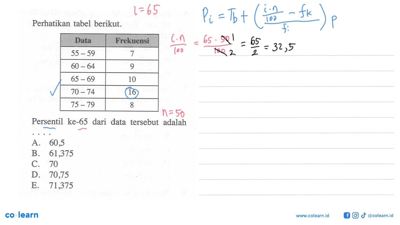 Perhatikan tabel berikut: Data Frekuensi 55-59 7 60-64 9