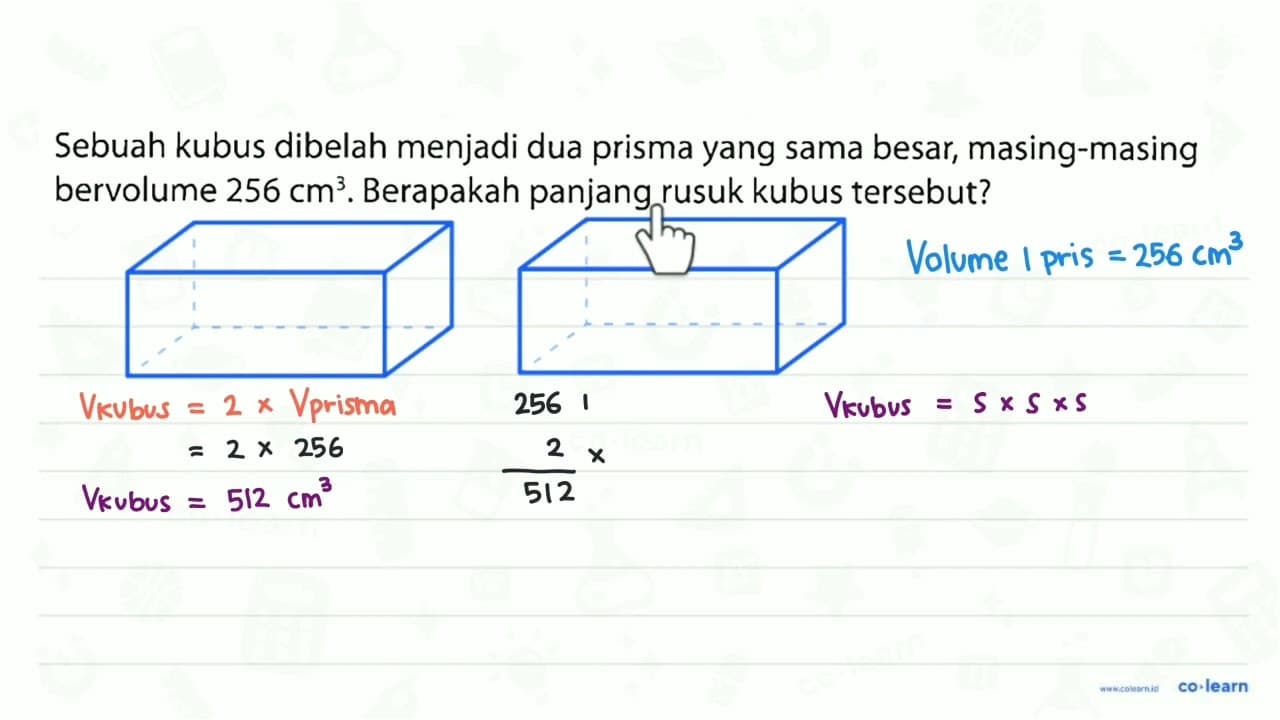 Sebuah kubus dibelah menjadi dua prisma yang sama besar,