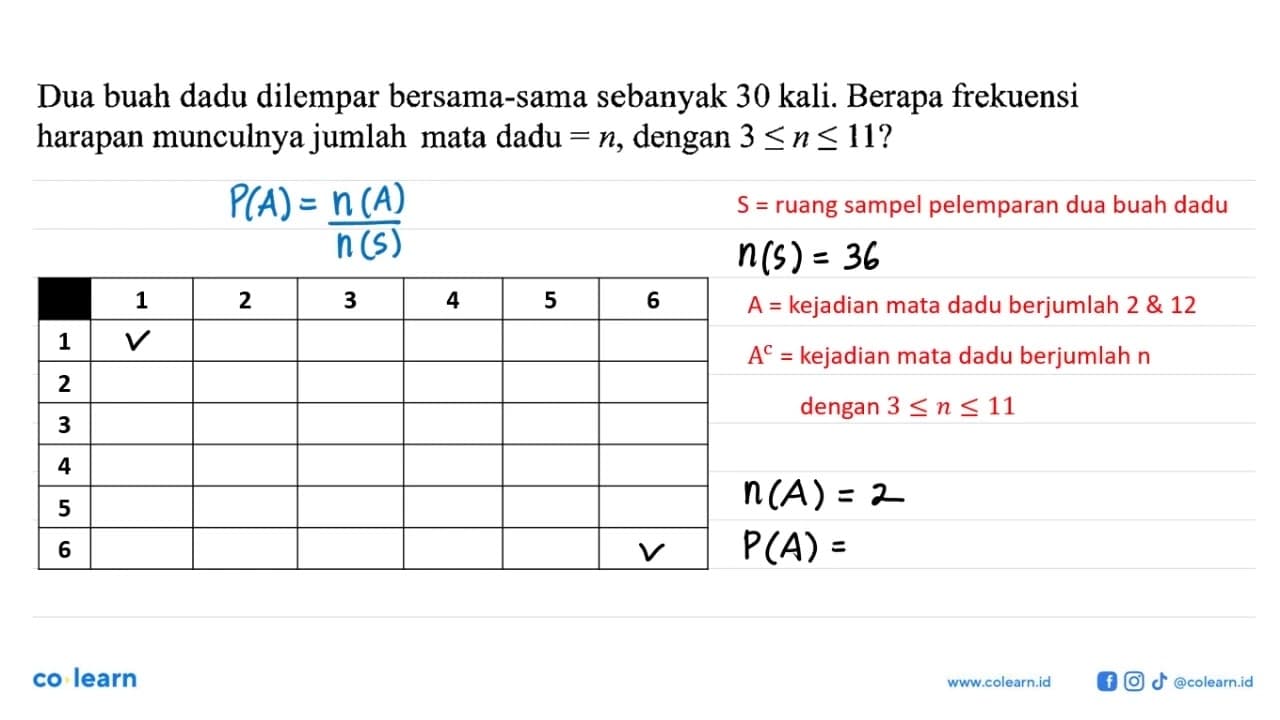 Dua buah dadu dilempar bersama-sama sebanyak 30 kali.