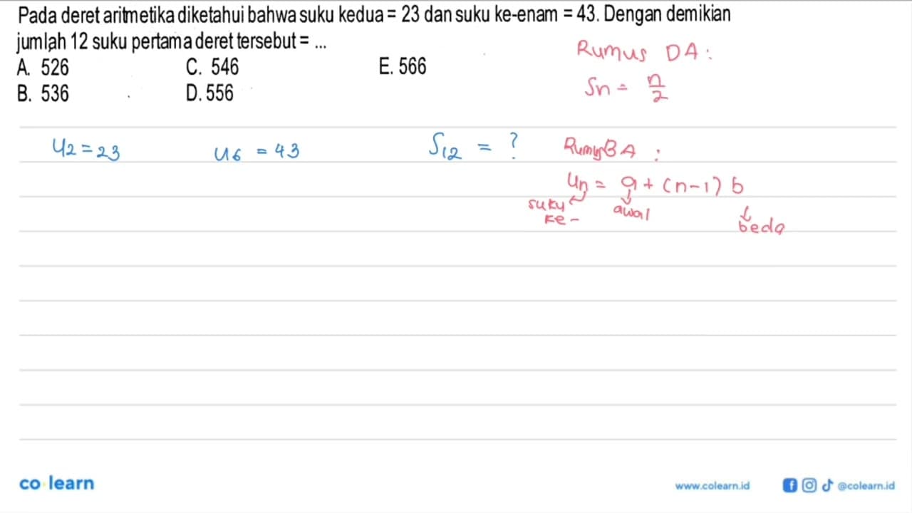 Pada deret aritmetika diketahui bahwa suku kedua=23 dan