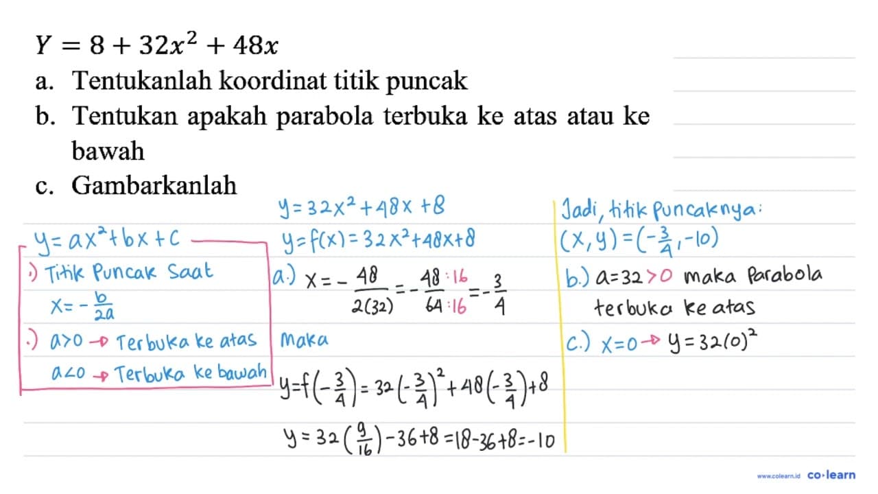 Y=8 + 32x^2 + 48x a. Tentukanlah koordinat titik puncak b.