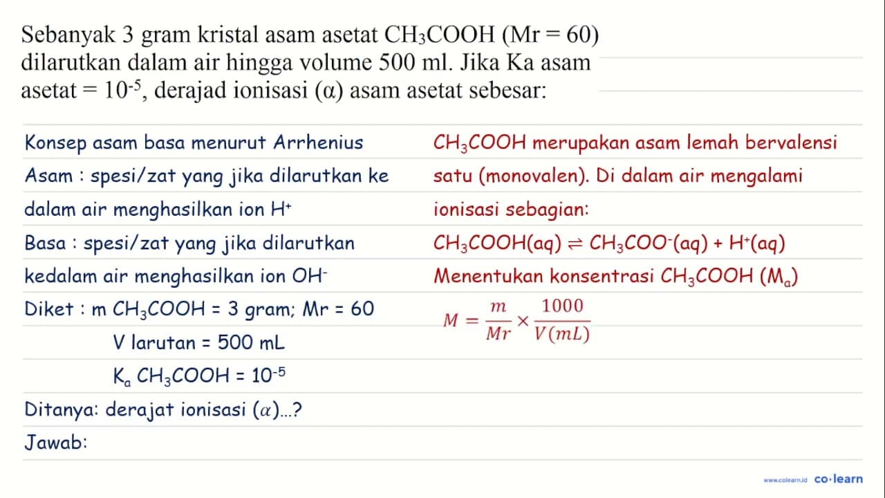 Sebanyak 3 gram kristal asam asetat CH_(3) COOH(Mr=60)