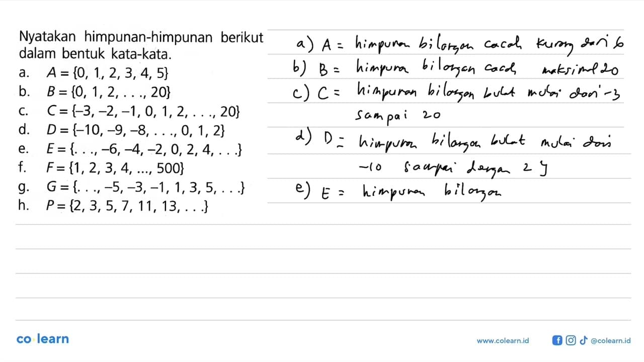 Nyatakan himpunan-himpunan berikut dalam bentuk kata-kata.