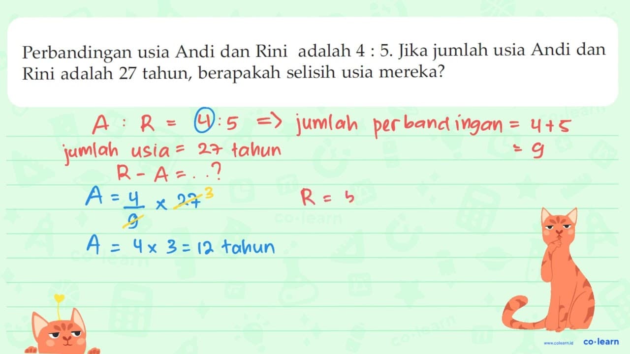 Perbandingan usia Andi dan Rini adalah 4 : 5. Jika jumlah