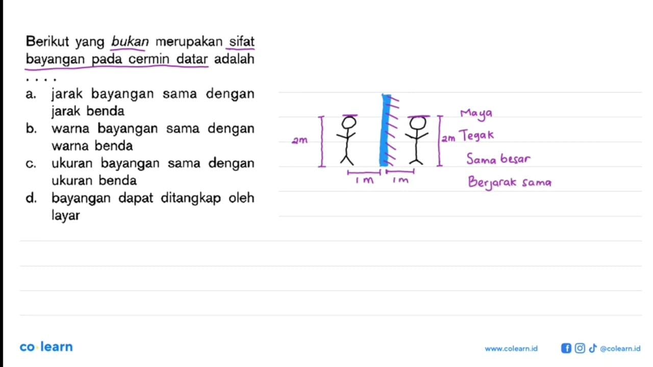 Berikut yang bukan merupakan sifat bayangan pada cermin