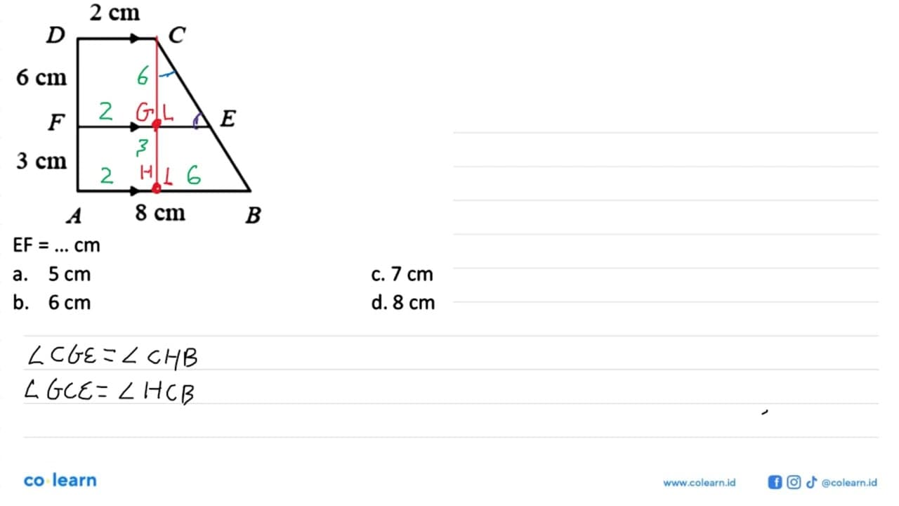 2 cm D C 6 cm E F 3 cm A 8 cm B EF = ... cm a. 5 cm c. 7 cm