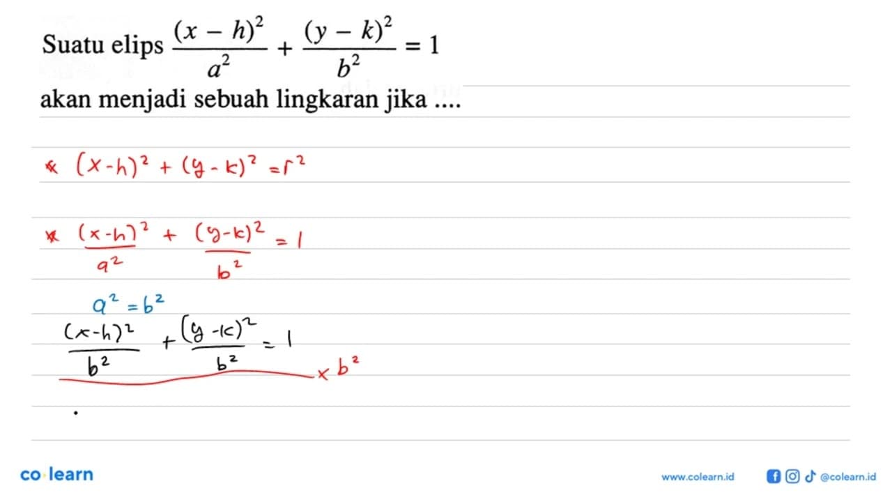 Suatu elips ((x-h)^2)/(a^2)+((y-k)^2)/(b^2)=1 akan menjadi