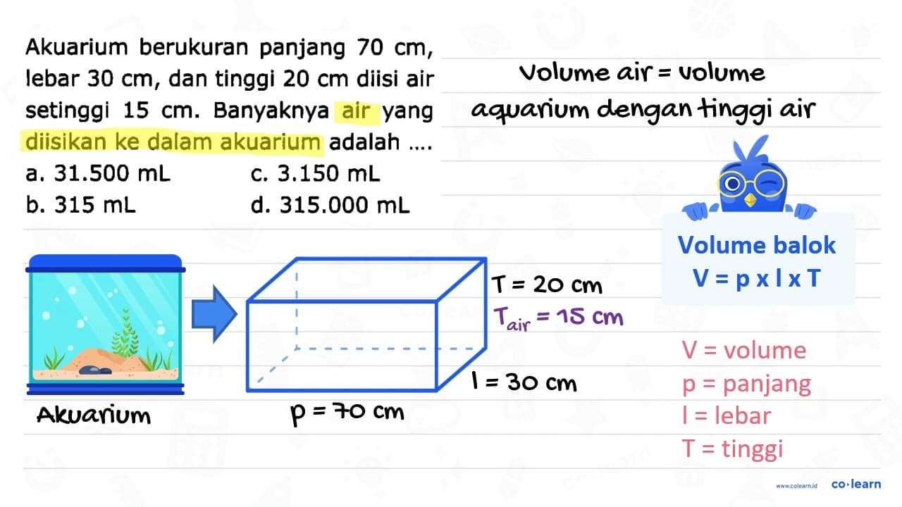 Akuarium berukuran panjang 70 cm , lebar 30 cm , dan tinggi