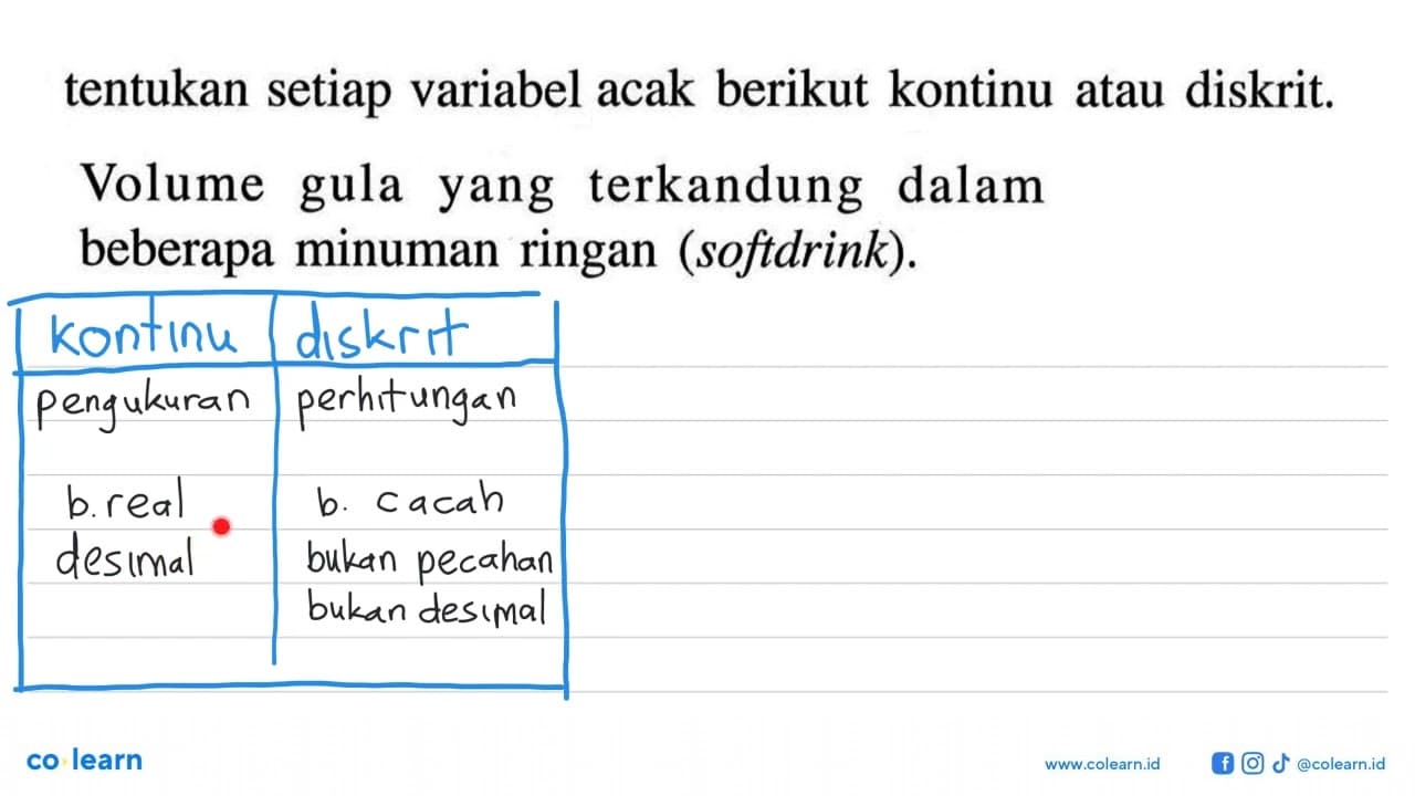 tentukan setiap variabel acak berikut kontinu atau diskrit.