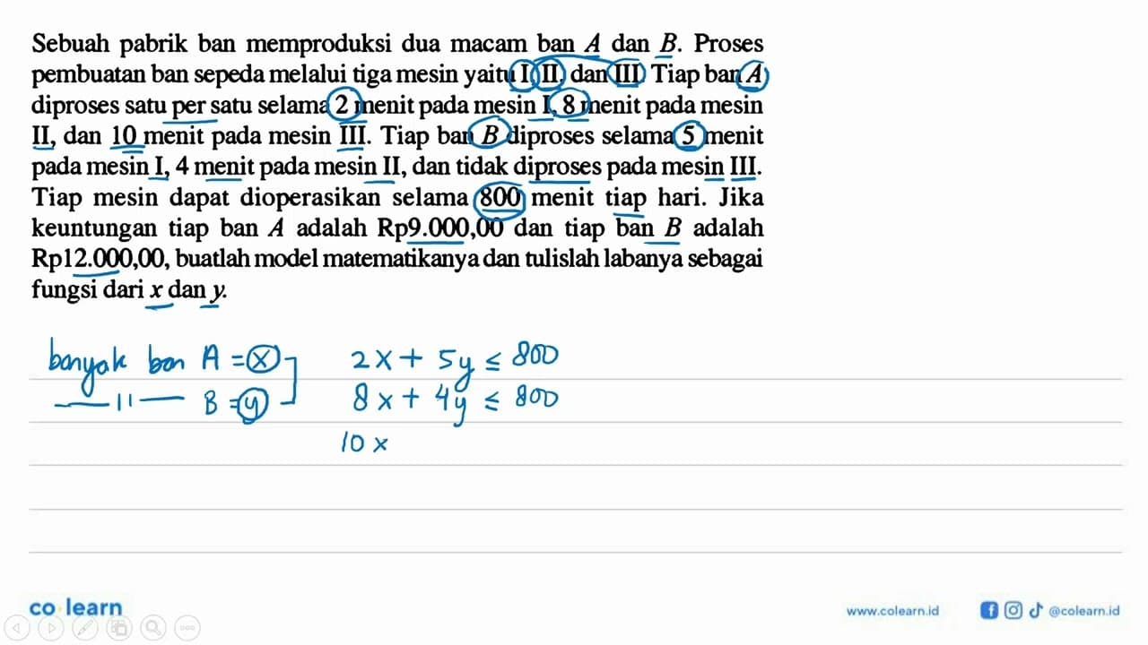 Sebuah pabrik ban memproduksi dua macam ban A dan B. Proses