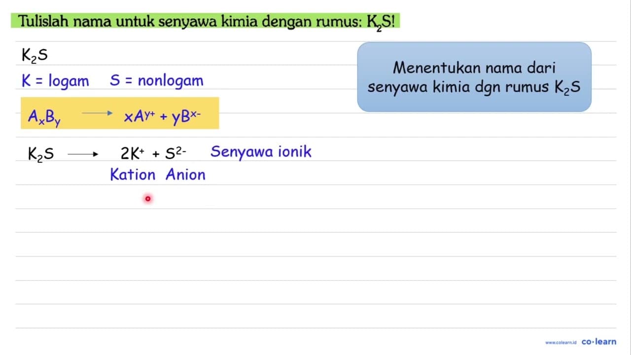 Tulislah nama untuk senyawa kimia dengan rumus : K2S!