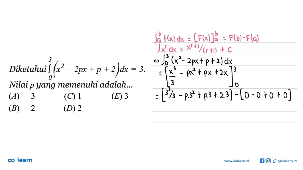 Diketahui integral 0 3 (x^2-2px+p+2) dx=3. Nilai p yang