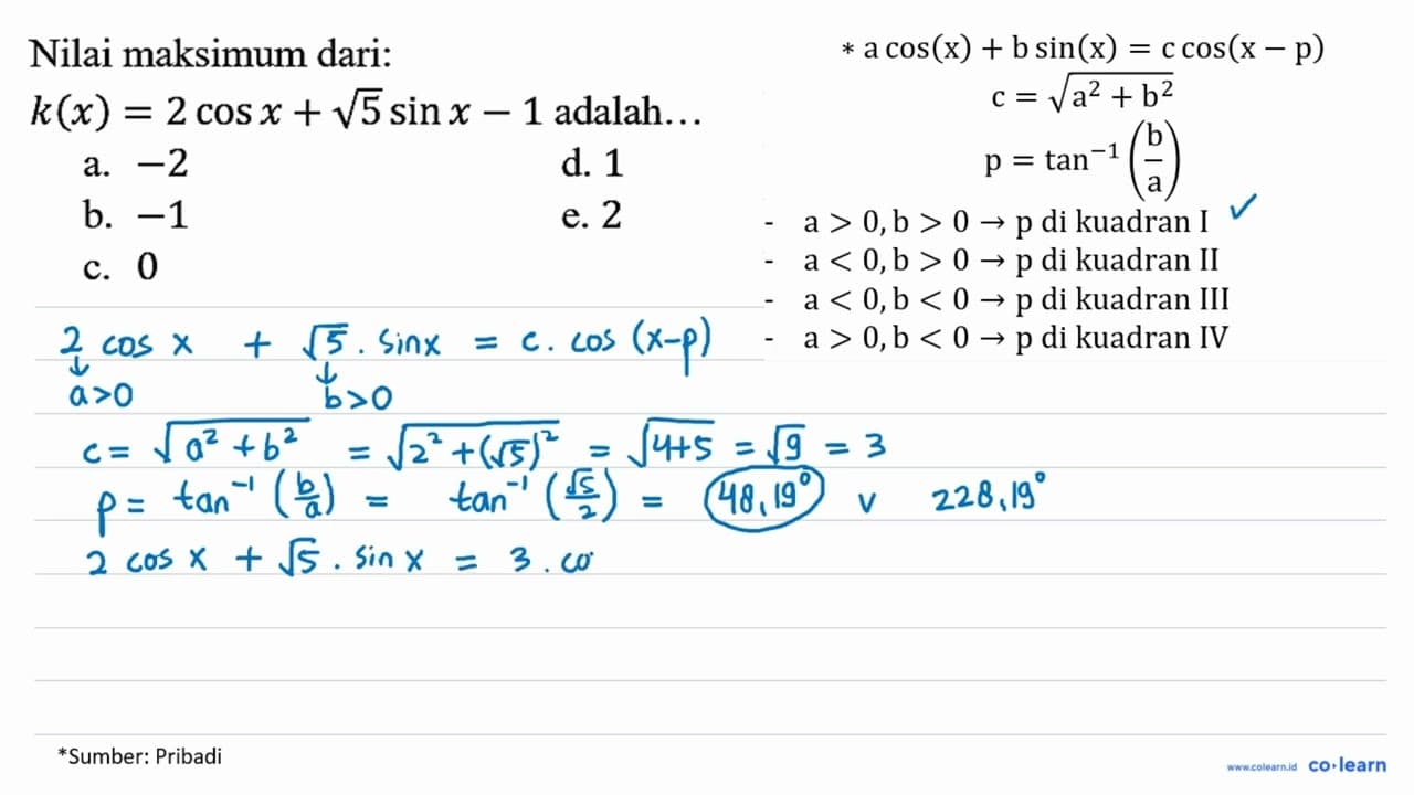 Nilai maksimum dari: k(x)=2 cos x+akar(5) sin x-1 adalah