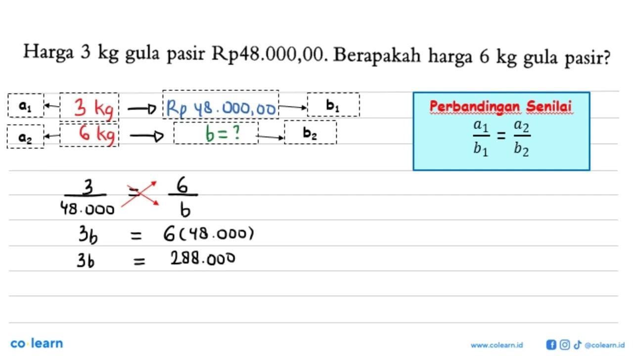 Harga 3 kg gula pasir Rp48.000,00. Berapakah harga 6 kg