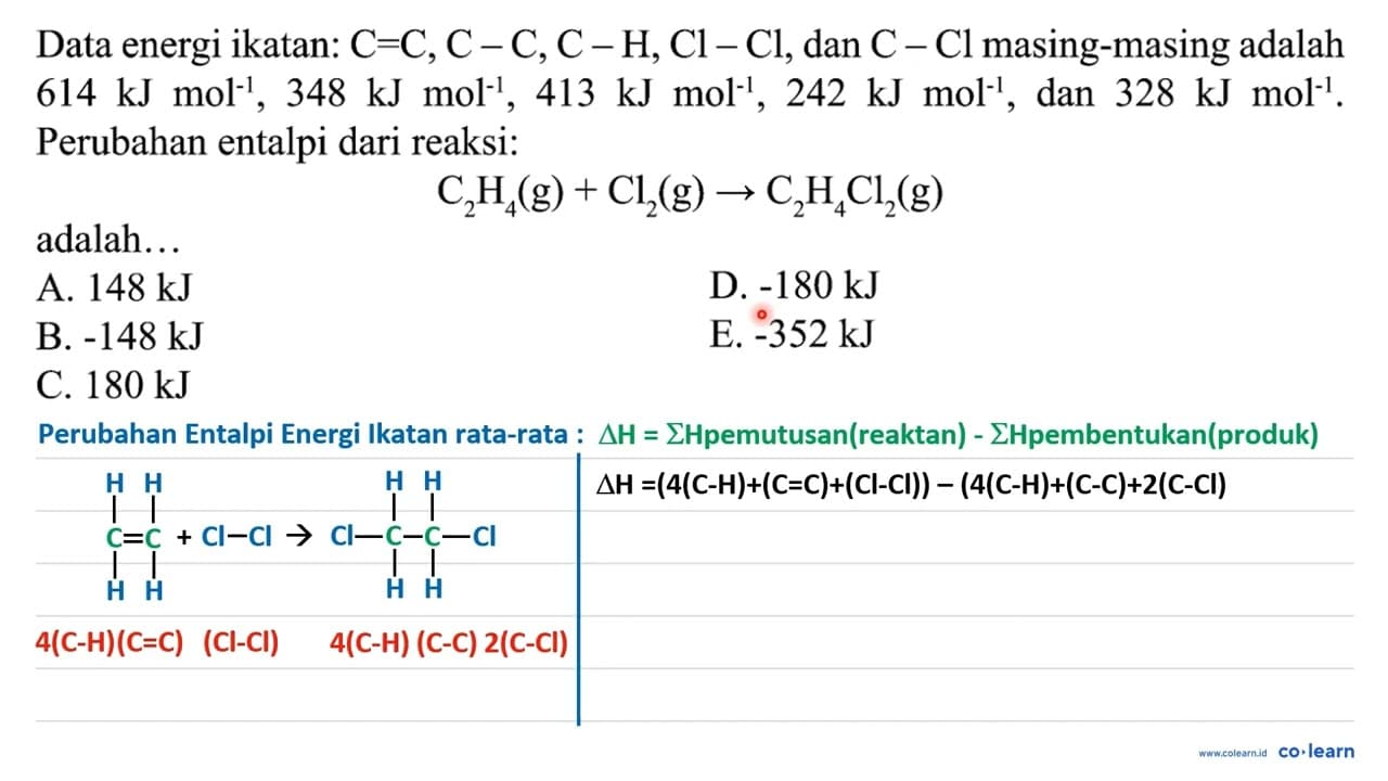 Data energi ikatan: C=C, C-C, C-H, Cl-Cl , dan C-Cl