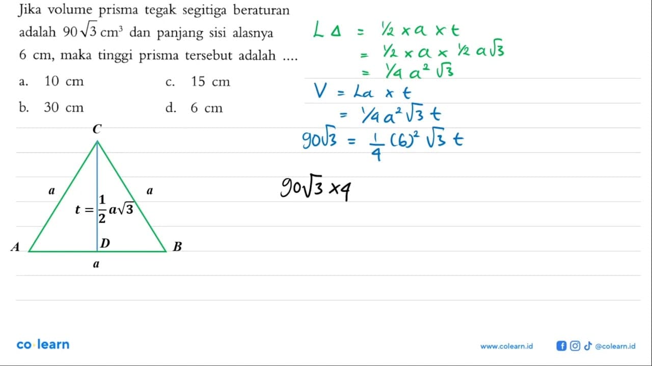 Jika volume prisma tegak segitiga beraturan adalah 90