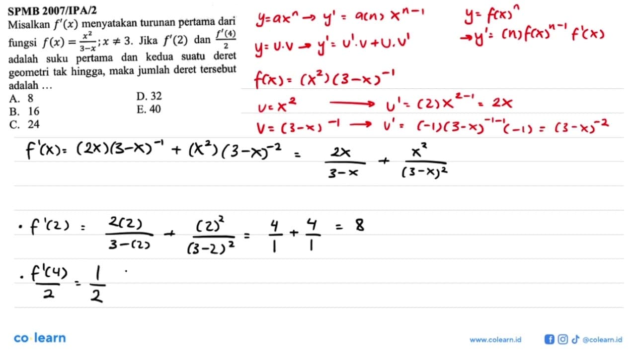 SPMB 2007/IPA/2Misalkan f'(x) menyatakan turunan pertama