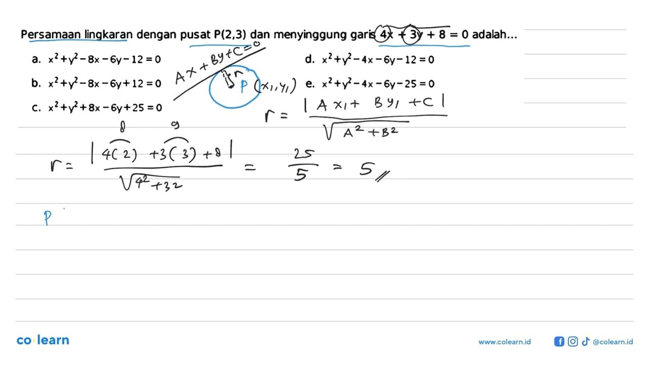 Persamaan lingkaran dengan pusat P(2,3) dan menyinggung