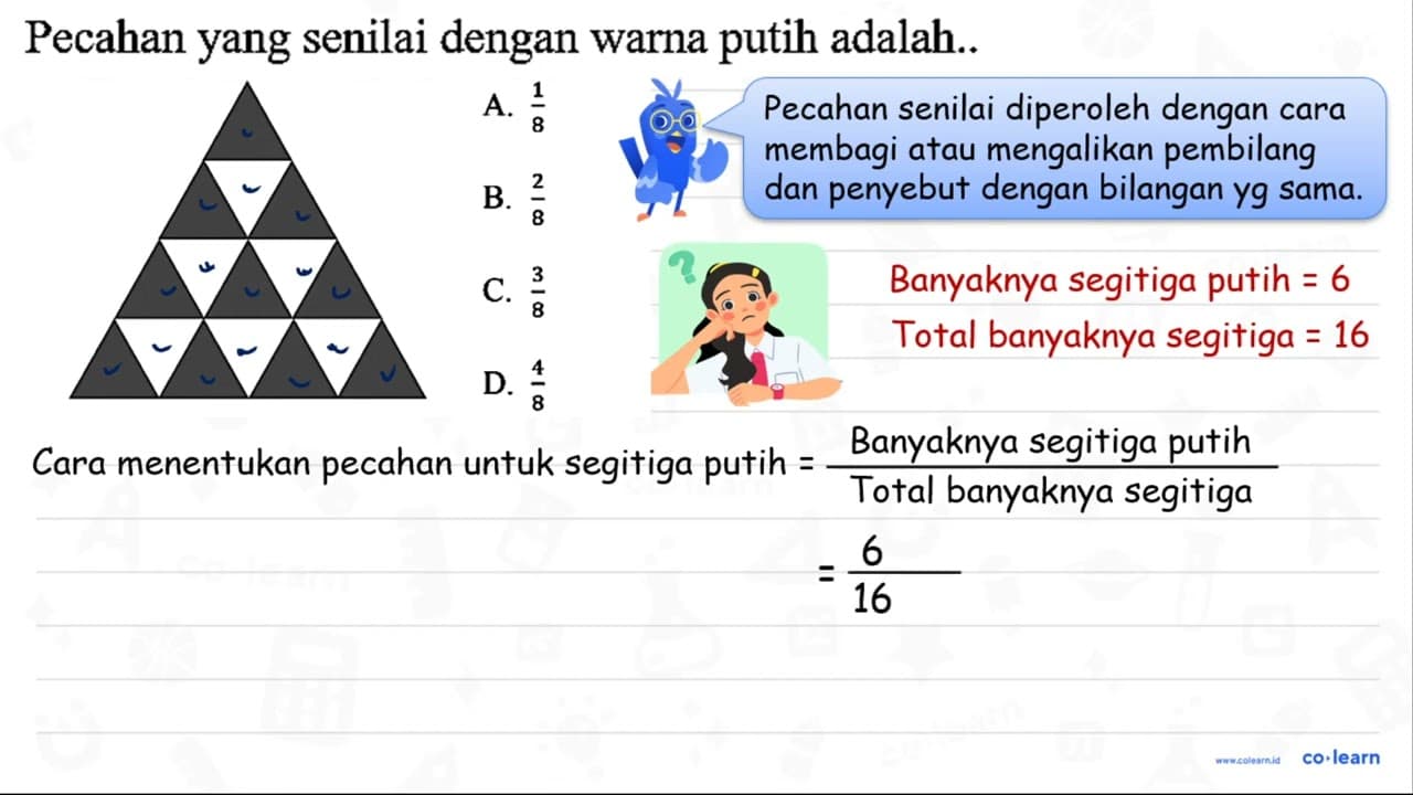 Pecahan yang senilai dengan warna putih adalah.. C. (3)/(8)