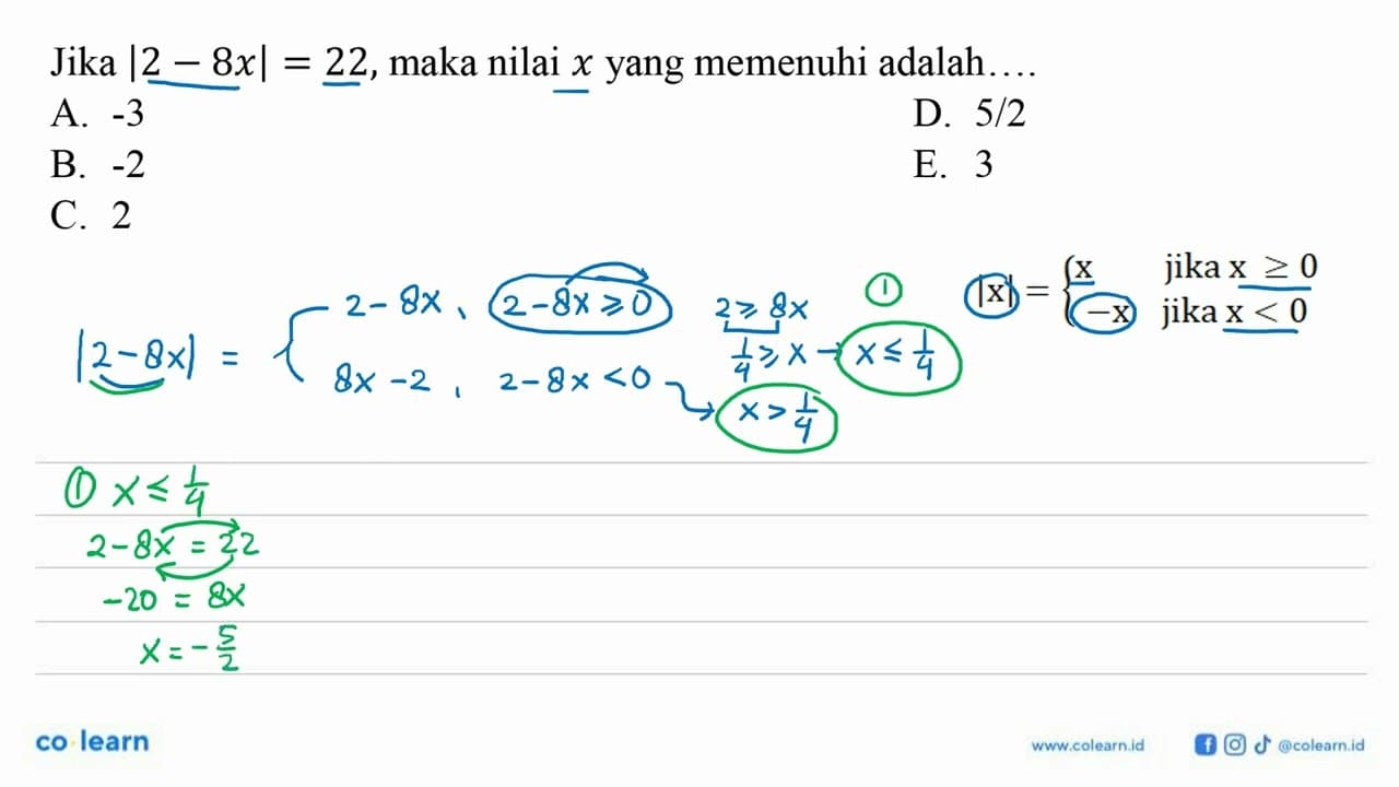 Jika |2-8x|=22, maka nilai x yang memenuhi adalah ...