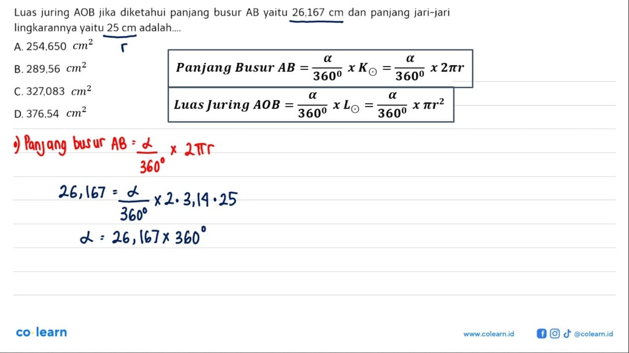 Luas juring AOB jika diketahui panjang busur AB yaitu