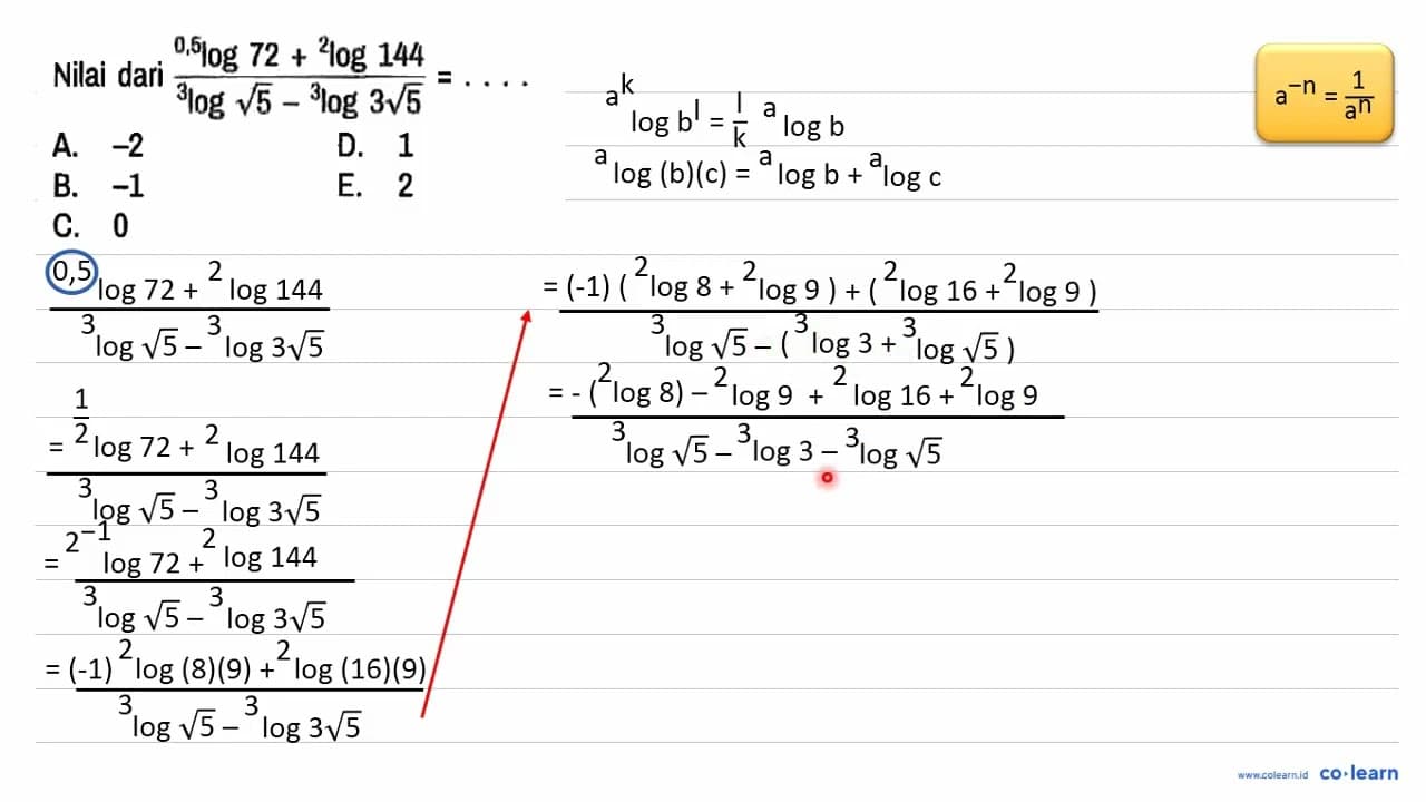 Nilai dari (0,5 log 72 + 2 log 144)/(3 log akar(5) - 3 log