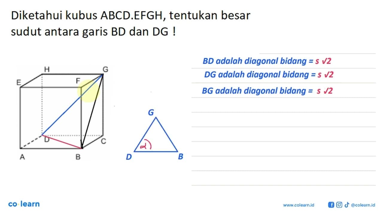 Diketahui kubus ABCD.EFGH, tentukan besar sudut antara