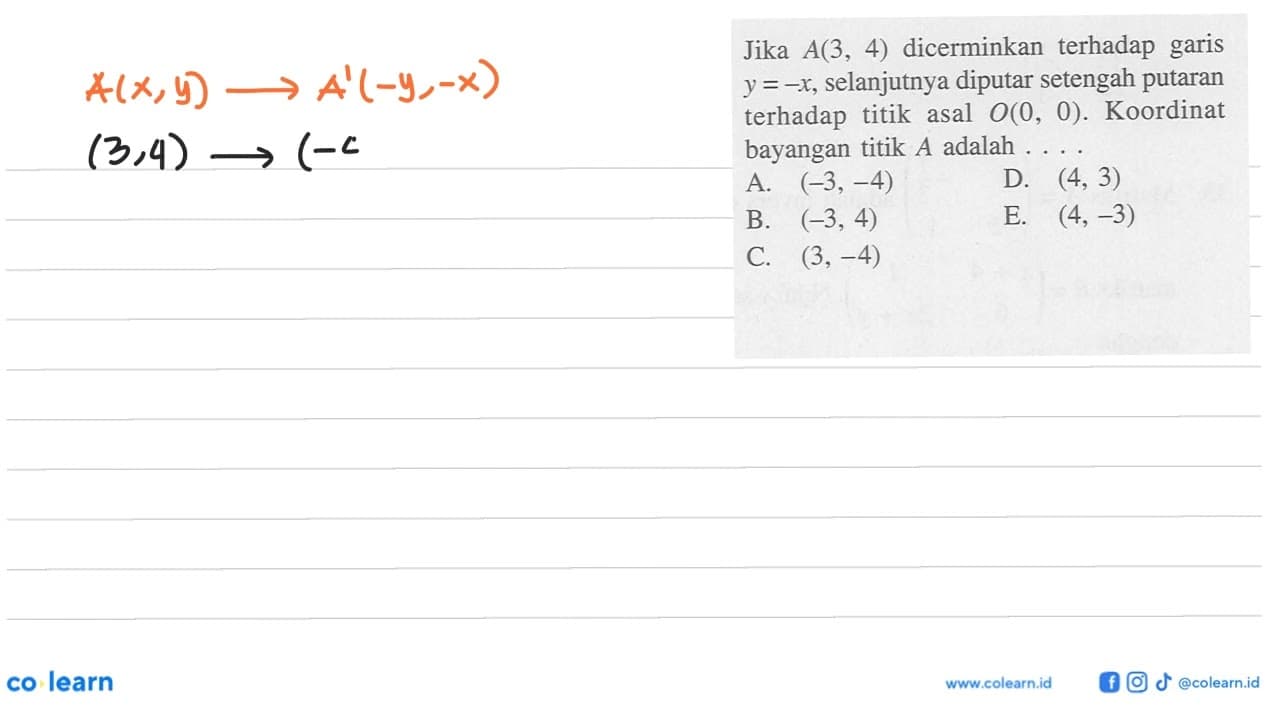 Jika A(3, 4) dicerminkan terhadap garis y=-x, selanjutnya