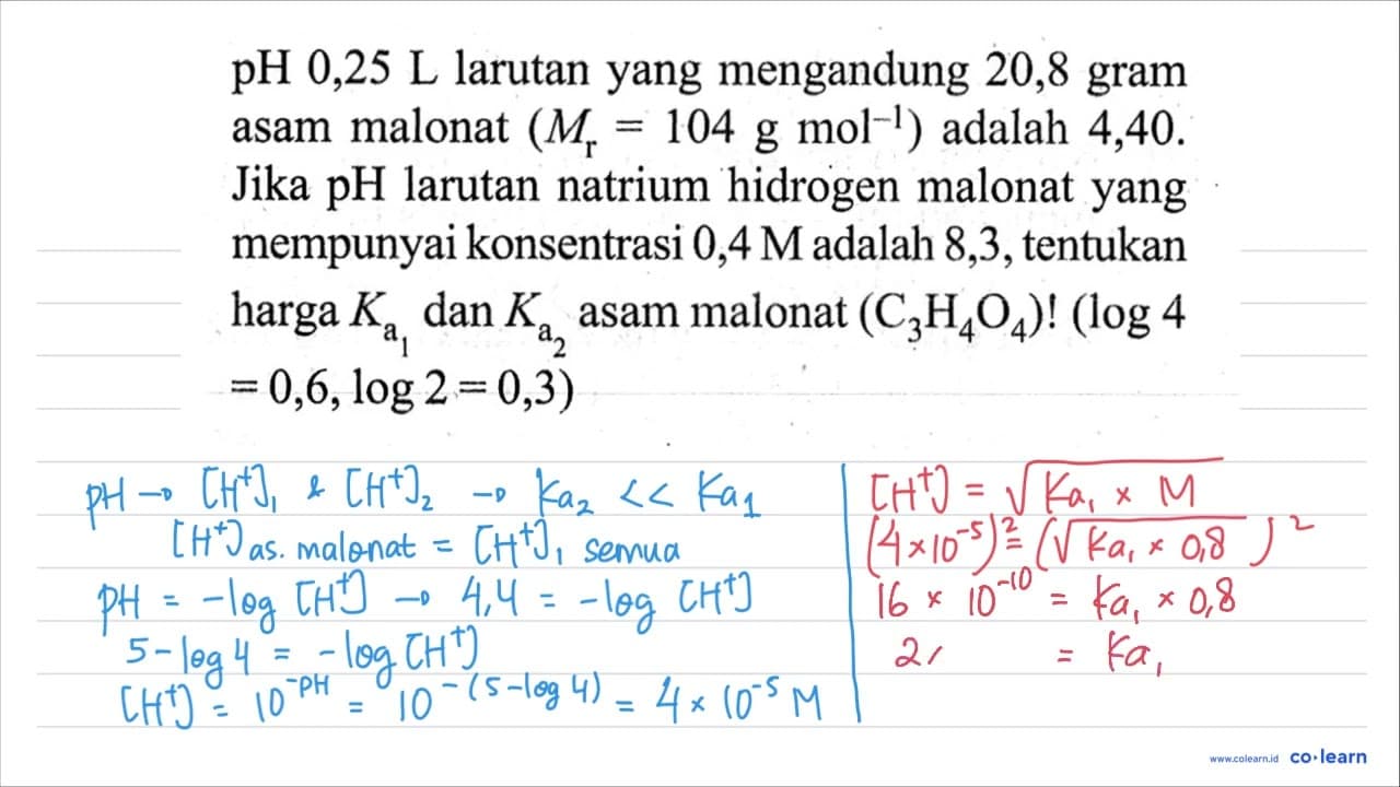 pH 0,25 ~L larutan yang mengandung 20,8 gram asam malonat