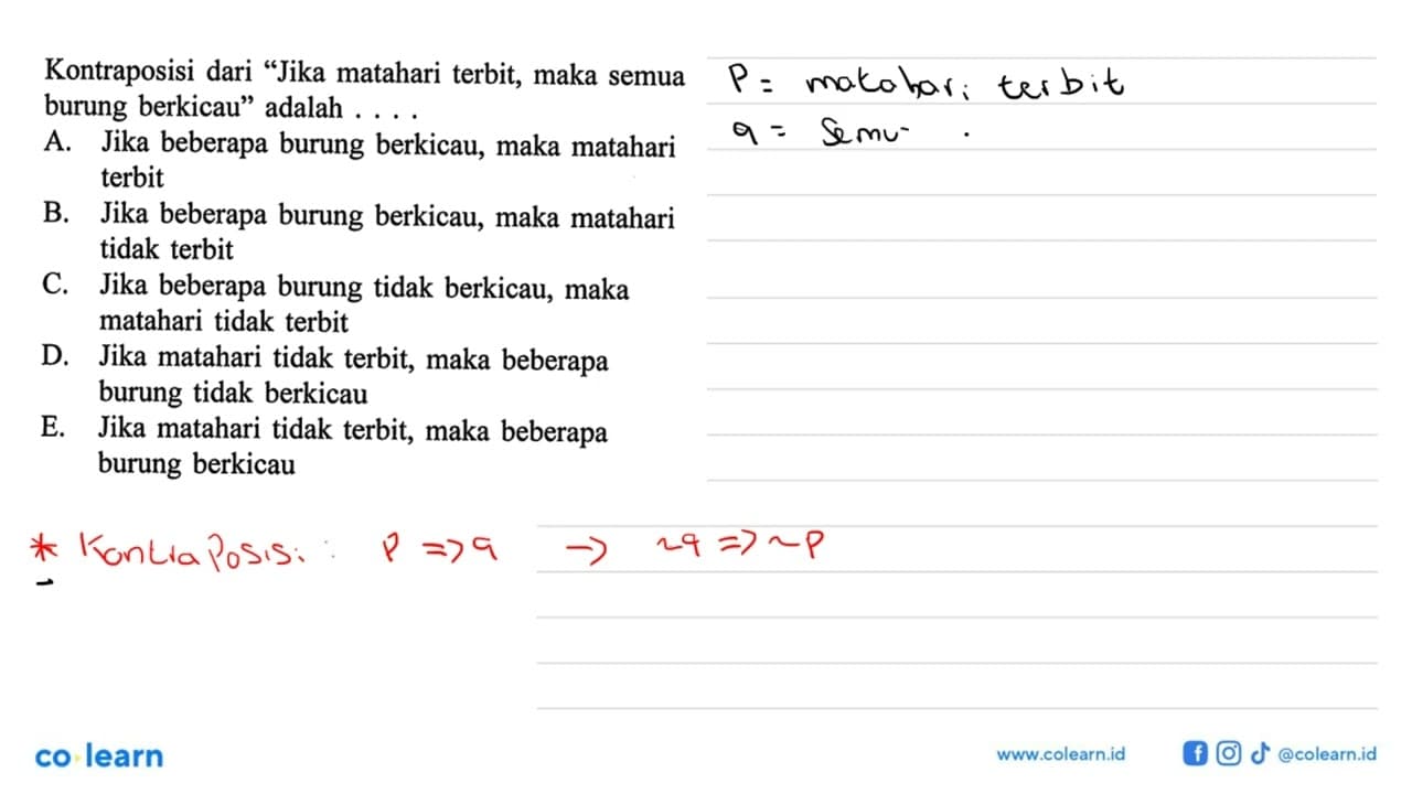 Kontraposisi dari 'Jika matahari terbit, maka semua burung