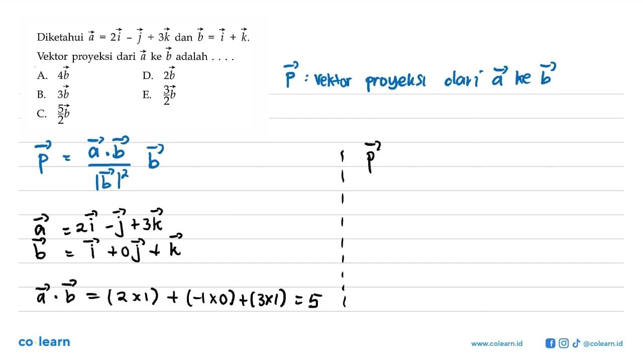 Diketahui a=2i-j+3k dan b=i+k Vektor proyeksi dari a ke b