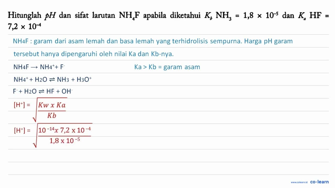 Hitunglah p H dan sifat larutan NH4 F apabila diketahui Kb