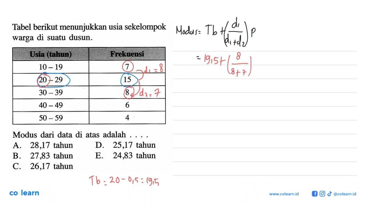 Tabel berikut menunjukkan usia sekelompok warga di suatu