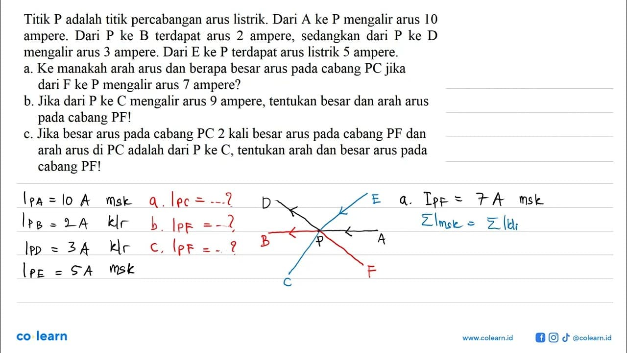 Titik P adalah titik percabangan arus listrik. Dari A ke P