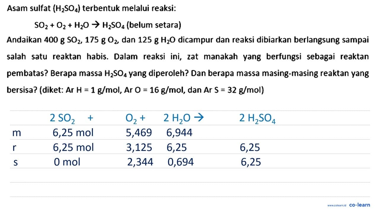 Asam sulfat (H_(2) SO_(4)) terbentuk melalui reaksi: