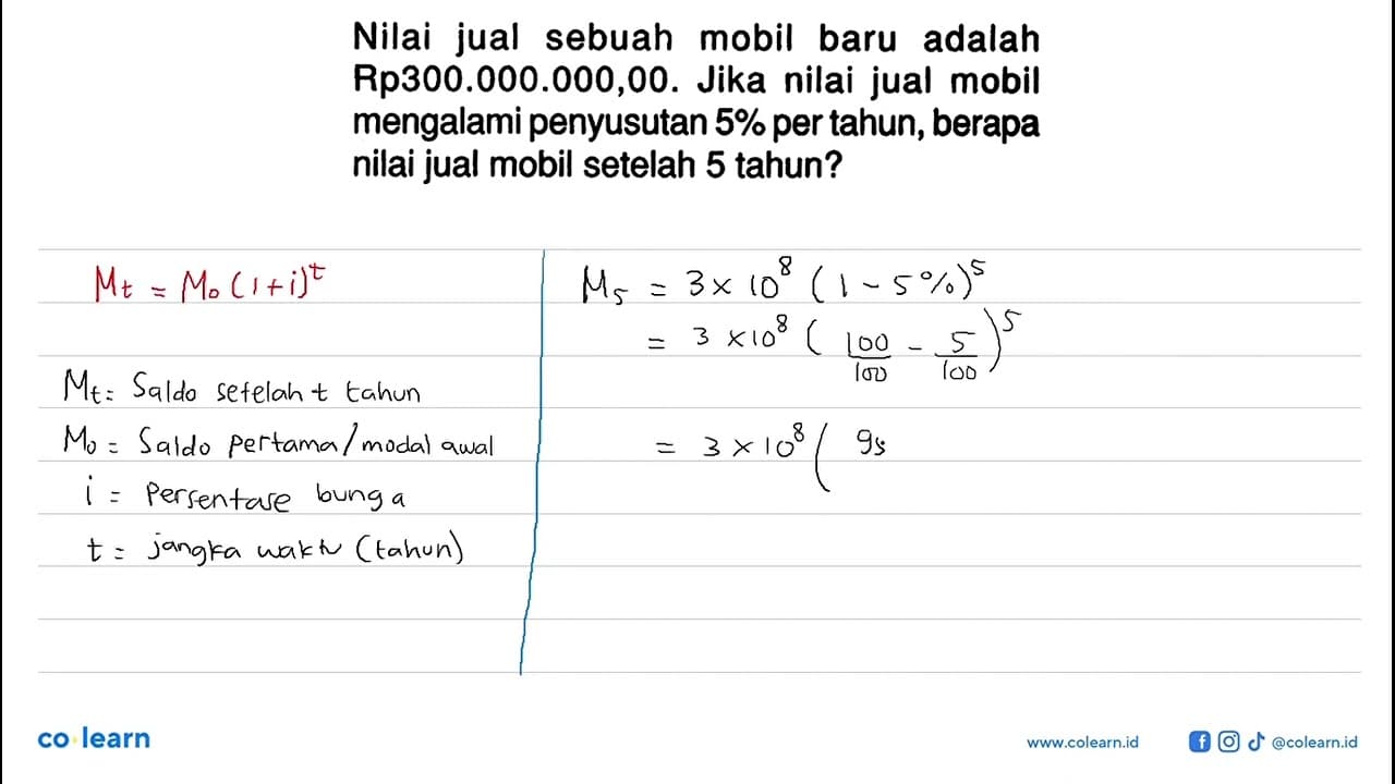 Nilai jual sebuah mobil baru adalah Rp300.000.000,00. Jika