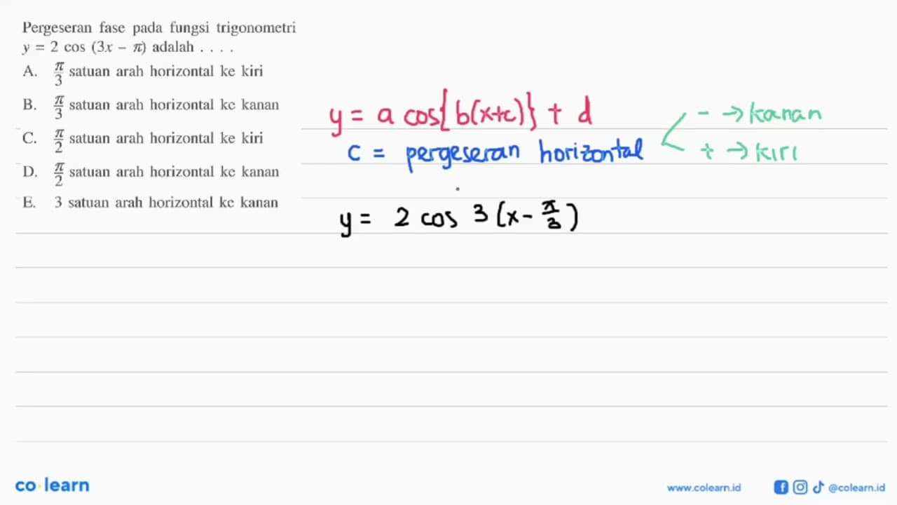 Pergeseran fase pada fungsi trigonometri y=2cos(3x-pi)