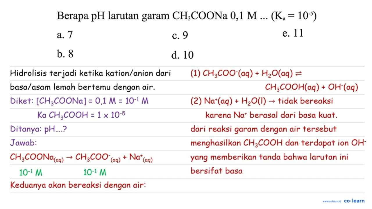 Berapa pH larutan garam CH3COONa 0,1 M ...(Ka=10^-5) a. 7