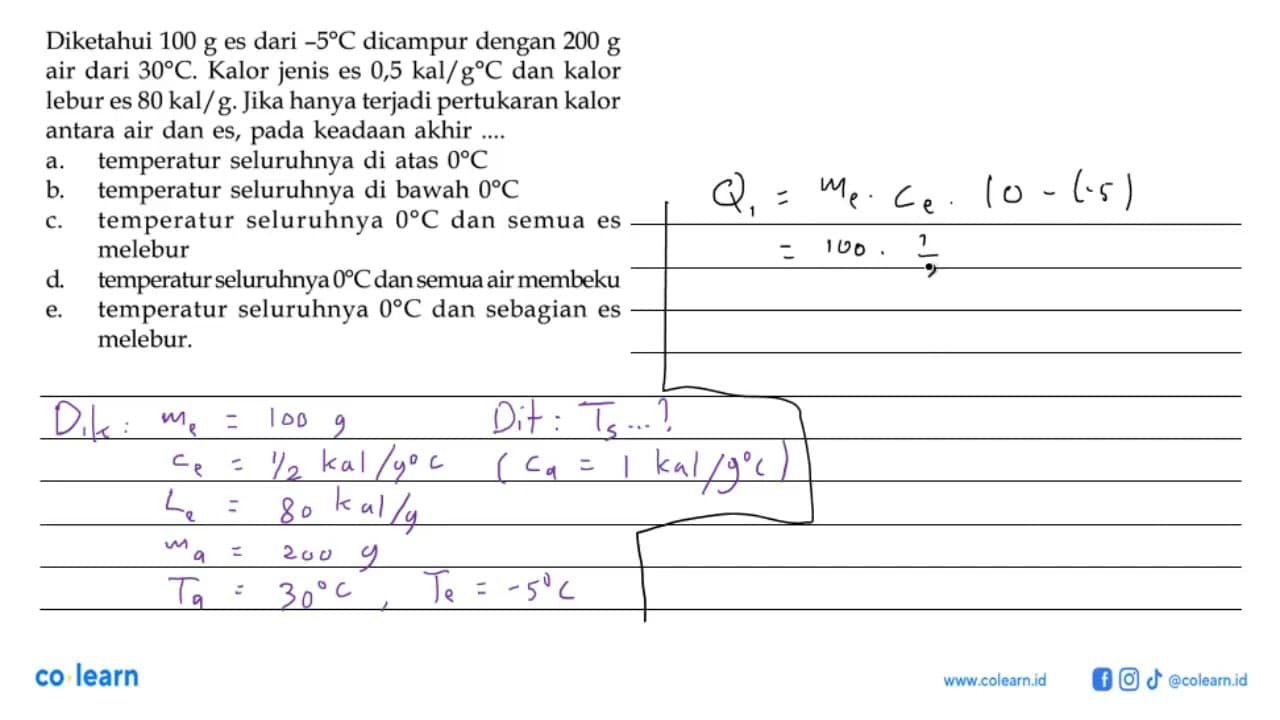 Diketahui 100 g es dari -5 C dicampur dengan 200 g air dari