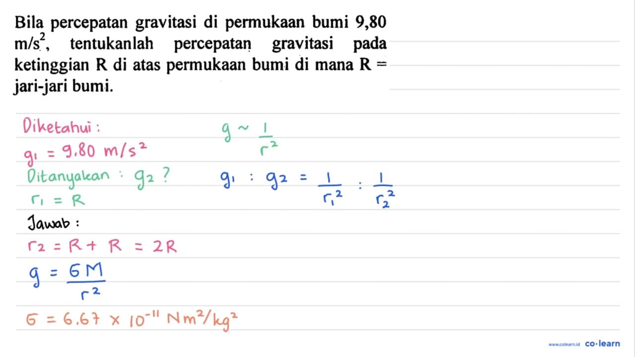 Bila percepatan gravitasi di permukAn bumi 9,80 m / s^2 ,