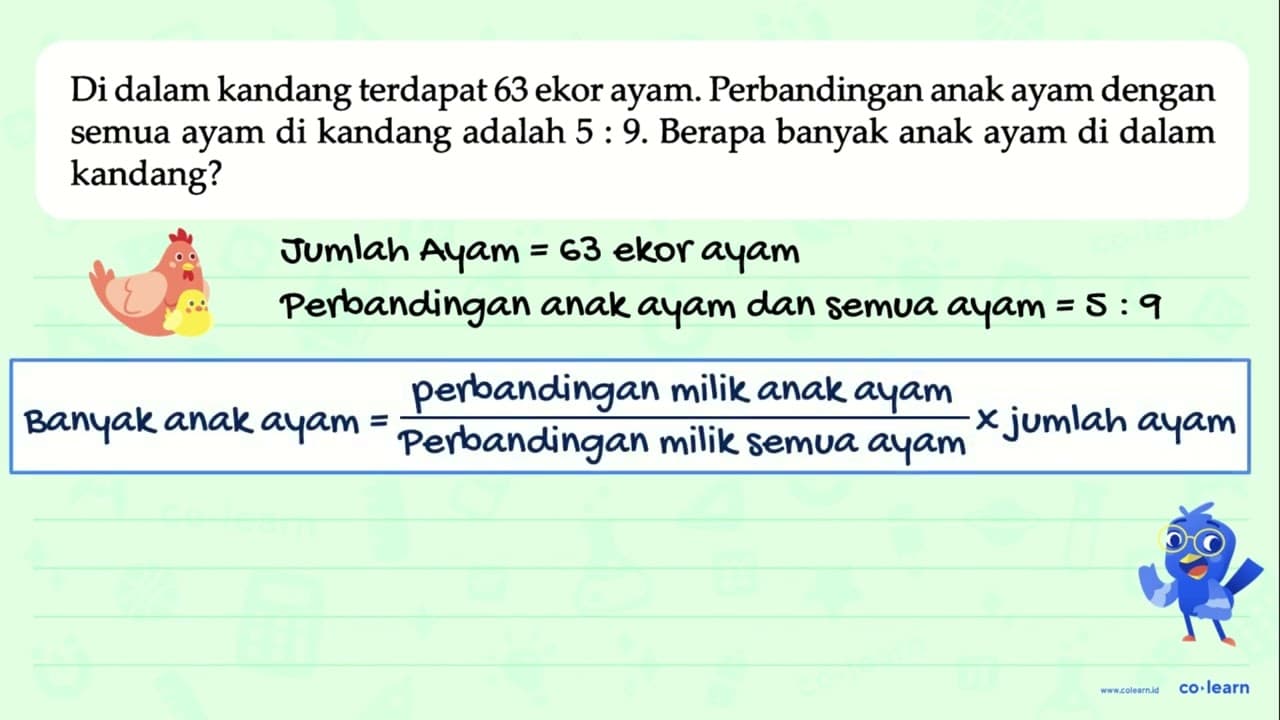 Di dalam kandang terdapat 63 ekor ayam. Perbandingan anak