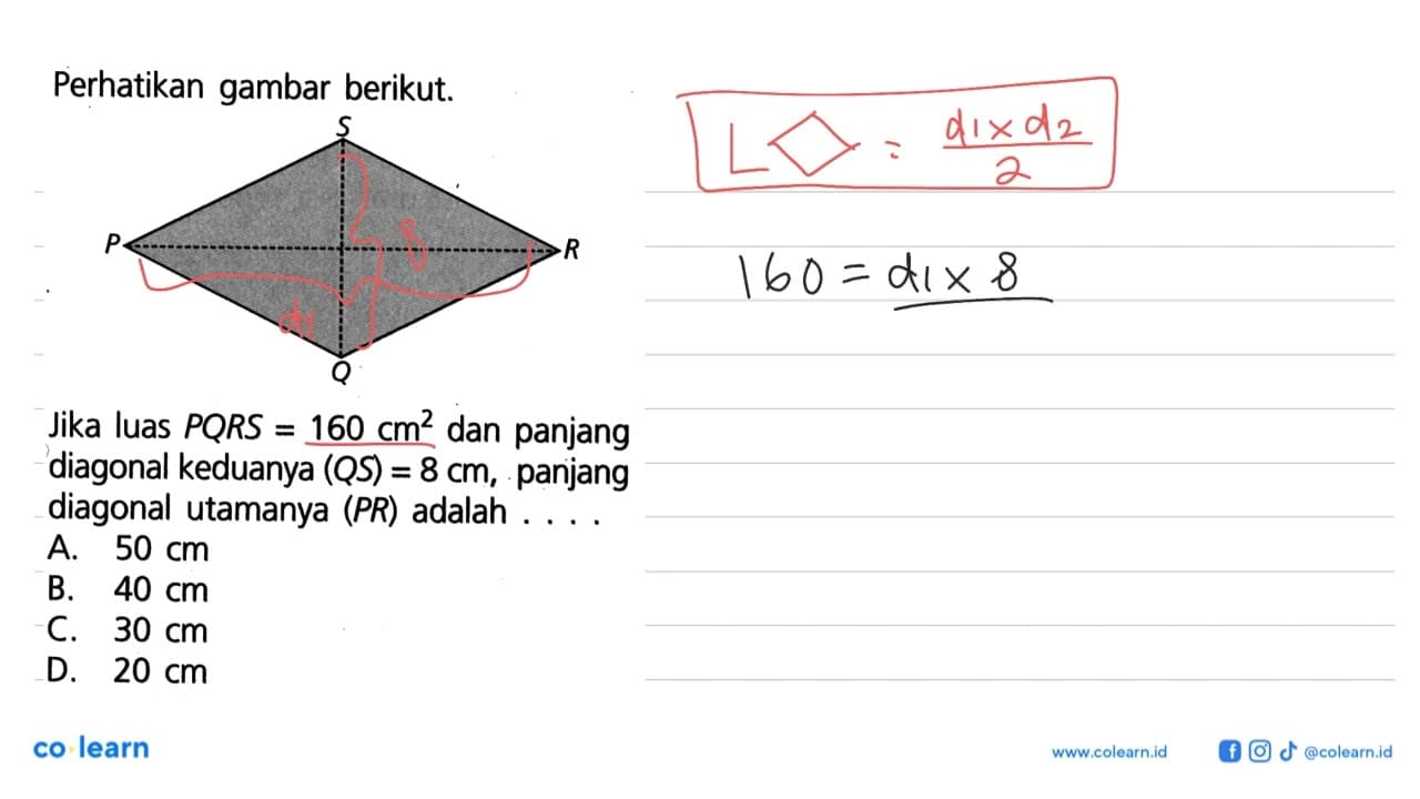 Perhatikan gambar berikut.Jika luas PQRS=160 cm^2 dan