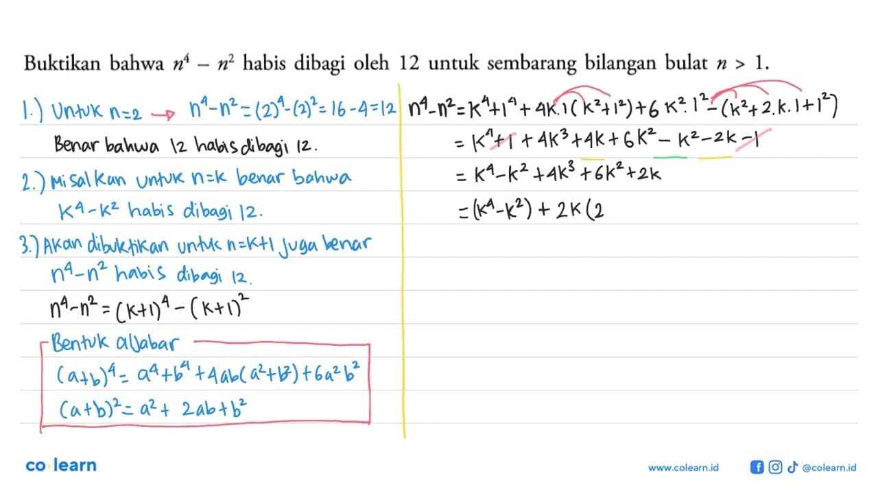 Buktikan bahwa n^4-n^2 habis dibagi oleh 12 untuk sembarang