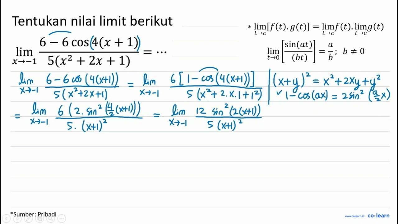 lim _(x ->-1) (6-6 cos 4(x+1))/(5(x^(2)+2 x+1))=..