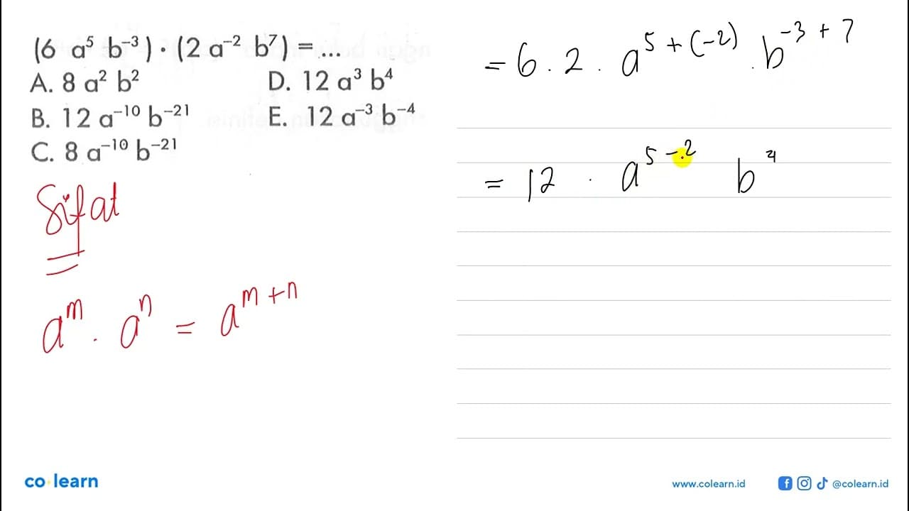 (6a^5 b^(-3)).(2a^(-2) b^7) = ...