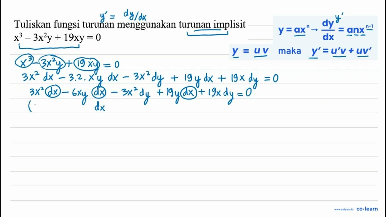 Tuliskan fungsi turunan menggunakan turunan implisit